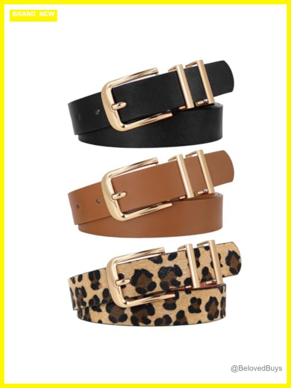 Women PU Faux Leather Belts 3 Pack Gold Buckle Fashion Belt